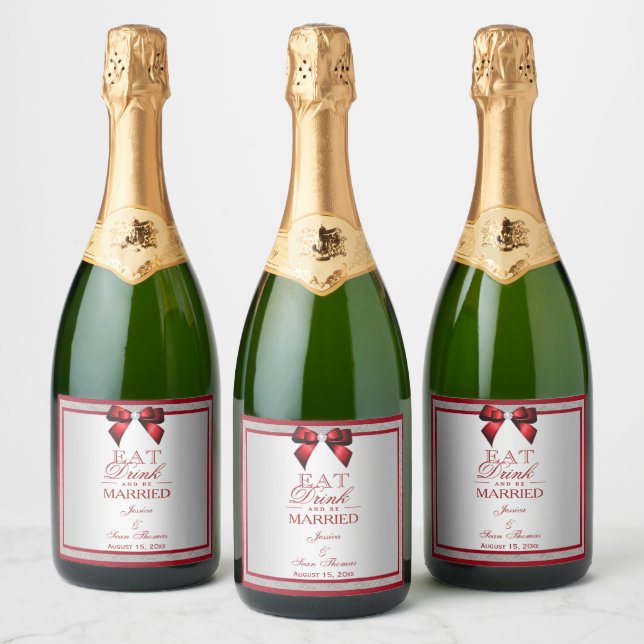 Elegant Ruby Red & Silver Glitter Wedding Sparkling Wine Label (Bottles)
