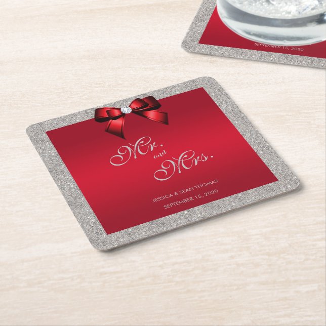 Elegant Ruby Red, Silver Glitter Wedding Square Paper Coaster (Angled)