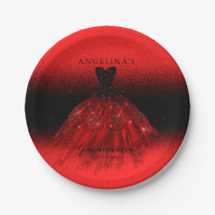 Elegant Ruby Red Spanish Gown Quinceañera Paper P Paper Plate