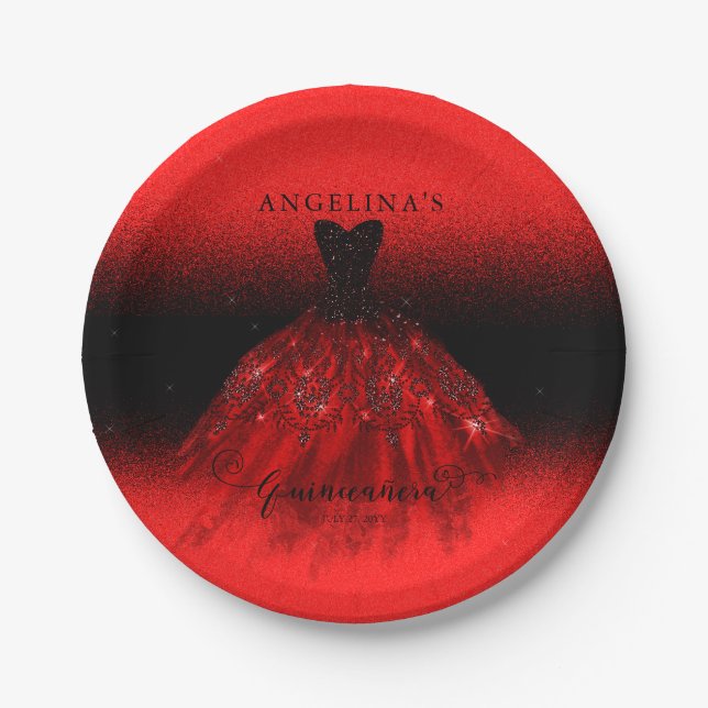Elegant Ruby Red Spanish Gown Quinceañera  Paper P Plate (Front)