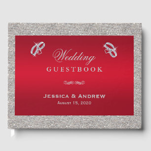Elegant Ruby Red & Sparkly Silver Rings Wedding Guest Book