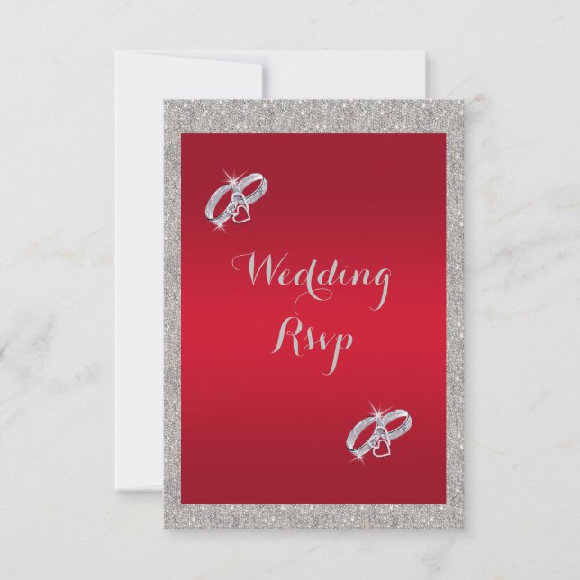 Elegant Ruby Red & Sparkly Silver Rings Wedding RSVP Card (Front)