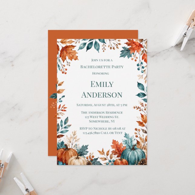 Elegant Rust and Teal Pumpkin Bachelorette Party Invitation (Front/Back In Situ)