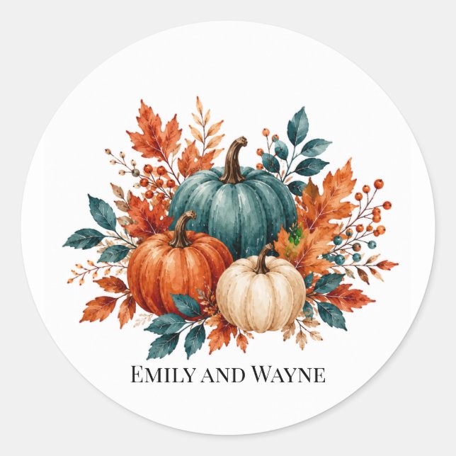 Elegant Rust and Teal Pumpkin Wedding Classic Round Sticker (Front)
