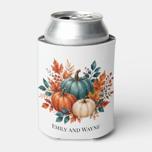 Elegant Rust and Teal Pumpkin Wedding Favour Can Cooler (Can Front)