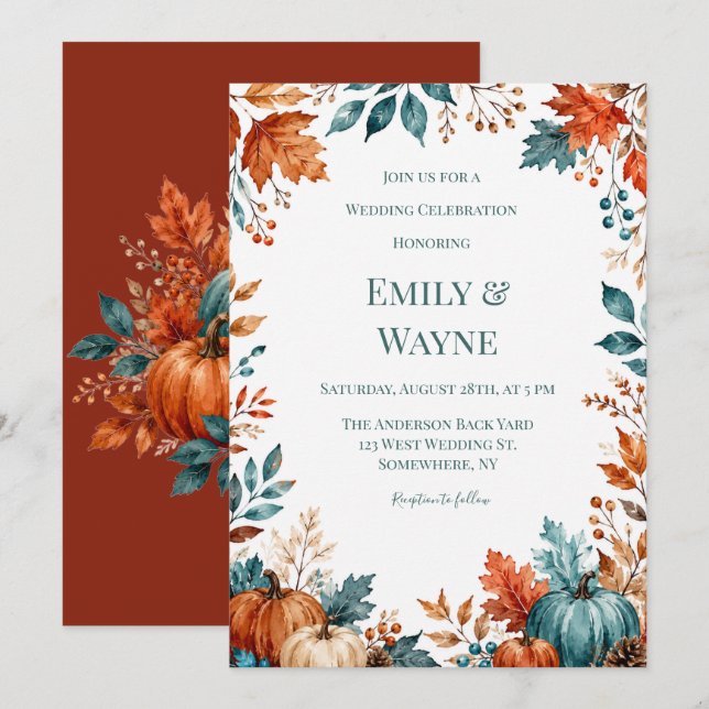 Elegant Rust and Teal Pumpkin Wedding Invitation (Front/Back)