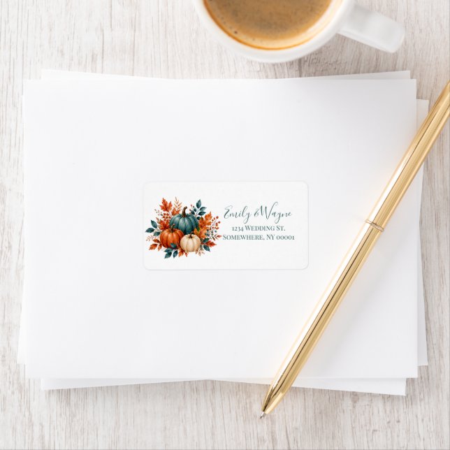 Elegant Rust and Teal Pumpkin Wedding Label (Insitu)