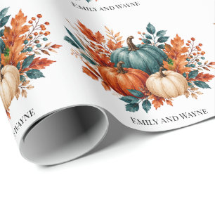 Elegant Rust and Teal Pumpkin Wedding Names  Wrapping Paper