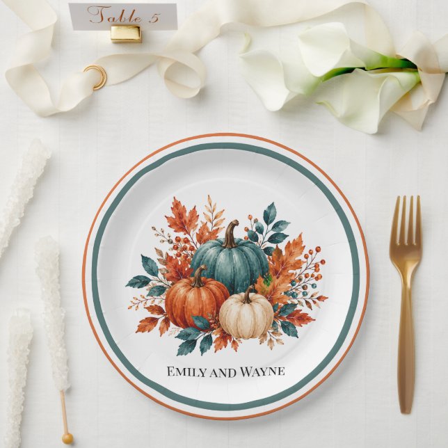 Elegant Rust and Teal Pumpkin Wedding Paper Plate (Wedding)
