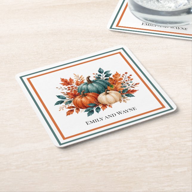 Elegant Rust and Teal Pumpkin Wedding Square Paper Coaster (Angled)
