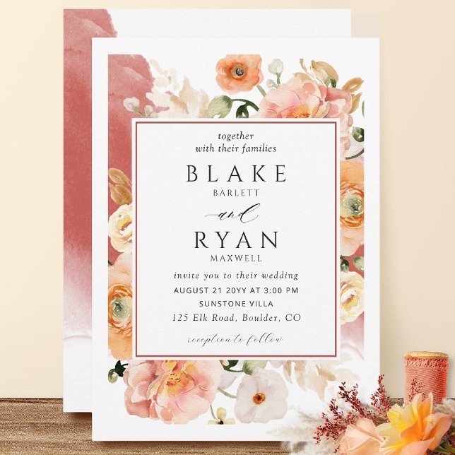 Elegant ,Rust Orange Blush Peach Botanical Wedding Invitation (Creator Uploaded)