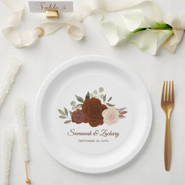 Elegant Rust Orange Boho Chic Roses Wedding Paper Plate (Wedding)