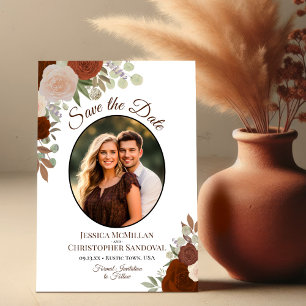 Elegant Rust Orange Floral Boho Wedding Photo Save The Date
