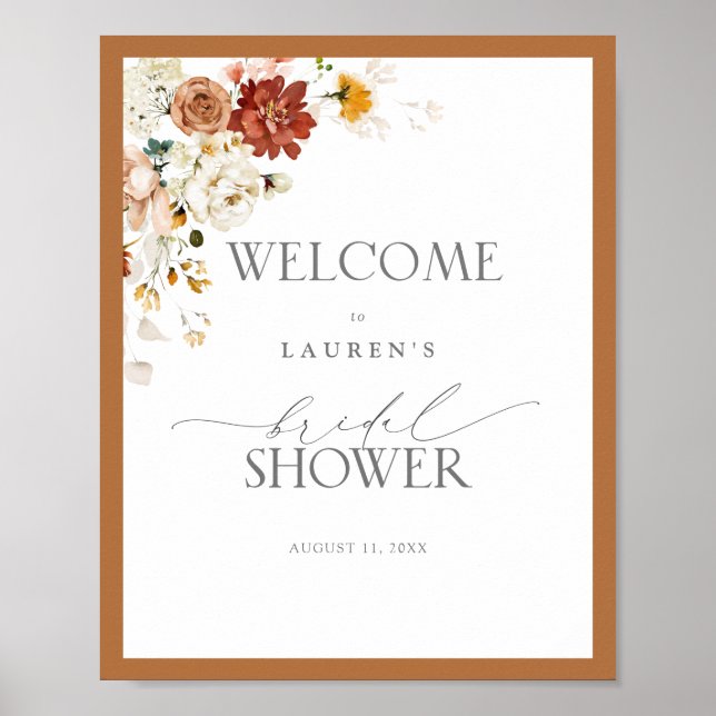 Elegant Rust Orange Floral Bridal Shower Welcome Poster (Front)
