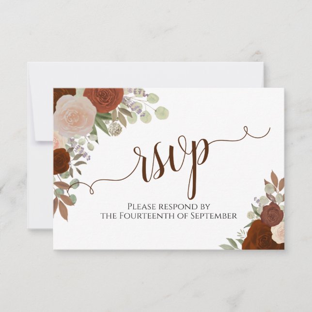Elegant Rust Orange Floral Calligraphy Wedding RSVP Card (Front)