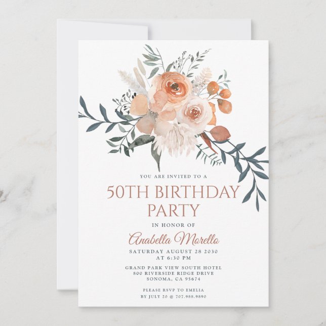 Elegant Rust Orange Floral Greenery Retirement Invitation (Front)