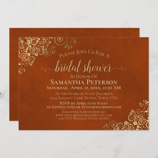 Elegant Rust Orange & Gold Lace Bridal Shower Invitation (Front/Back)