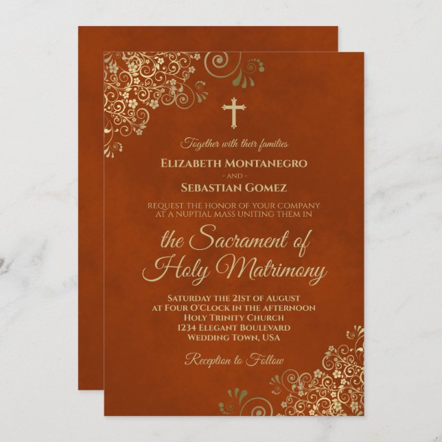 Elegant Rust Orange & Gold Modern Catholic Wedding Invitation (Front/Back)
