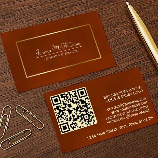 Elegant Rust Orange & Gold Professional QR Code Business Card (Front/Back)