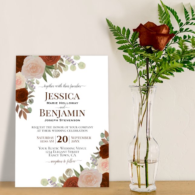 Elegant Rust Orange & Peach Roses Boho Wedding Invitation (Creator Uploaded)