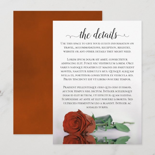 Elegant Rust Orange Romantic Rose Wedding Details Enclosure Card (Front/Back)