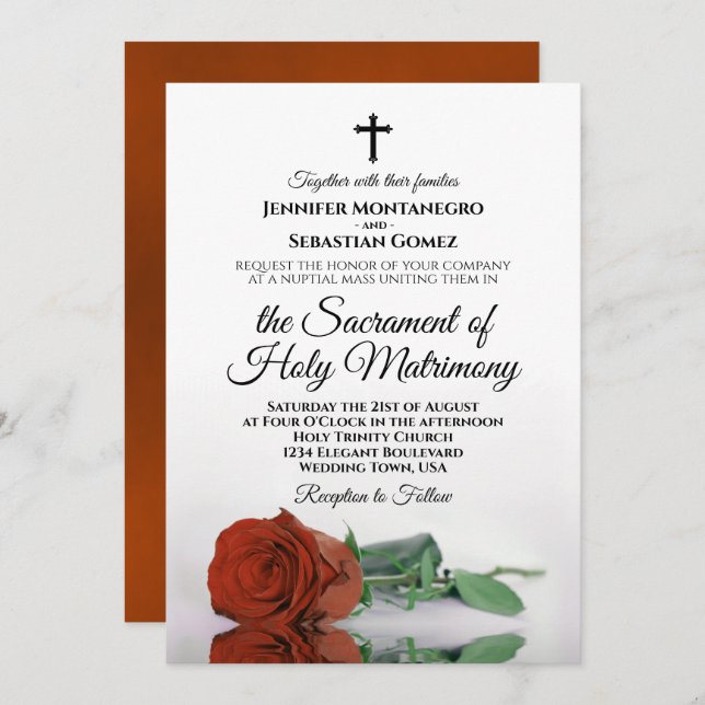 Elegant Rust Orange Rose Modern Catholic Wedding Invitation (Front/Back)