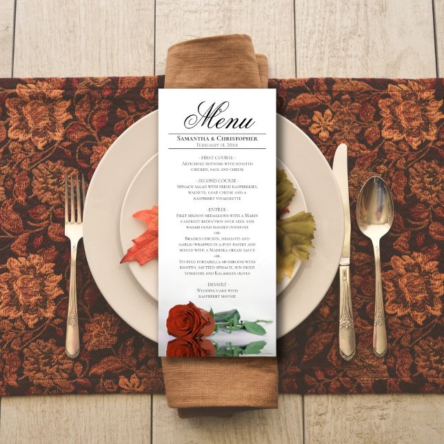 Elegant Rust Orange Rose Reflections Wedding Menu (In Situ on Plate)