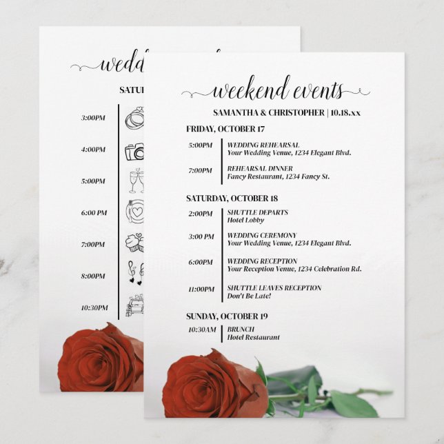 Elegant Rust Orange Rose Wedding Events & Timeline Programme (Front/Back)