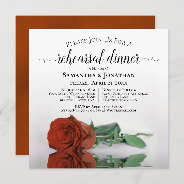 Elegant Rust Orange Rose Wedding Rehearsal Dinner Invitation (Front/Back)