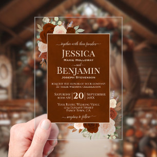 Elegant Rust Orange Roses Stylish Text Wedding Acrylic Invitations