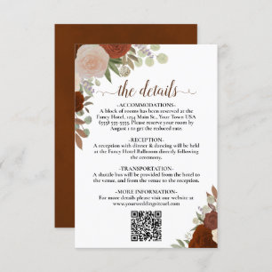 Elegant Rust Orange Roses Wedding Details QR Code Enclosure Card