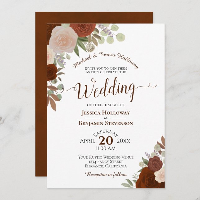 Elegant Rust Orange Watercolor Floral Wedding Invitation (Front/Back)