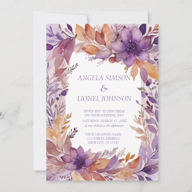 Elegant Rust Purple Flowers Wedding Invitation (Front)