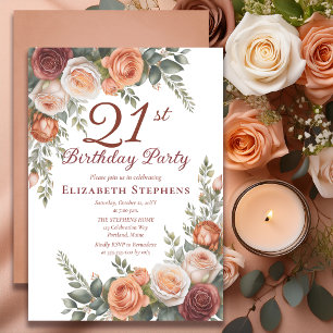 Elegant Rust Terracotta Rose Floral 21st Birthday Invitation