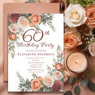 Elegant Rust Terracotta Rose Floral 60th Birthday Invitation