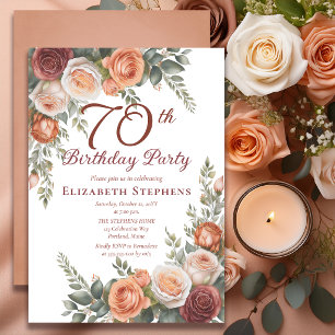 Elegant Rust Terracotta Rose Floral 70th Birthday Invitation