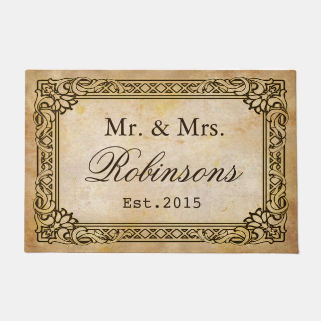Elegant Rustic Antique Frame Personalised Wedding Doormat (Front)