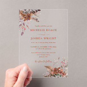 Elegant Rustic Autumn Fall Floral Wedding Acrylic Invitations