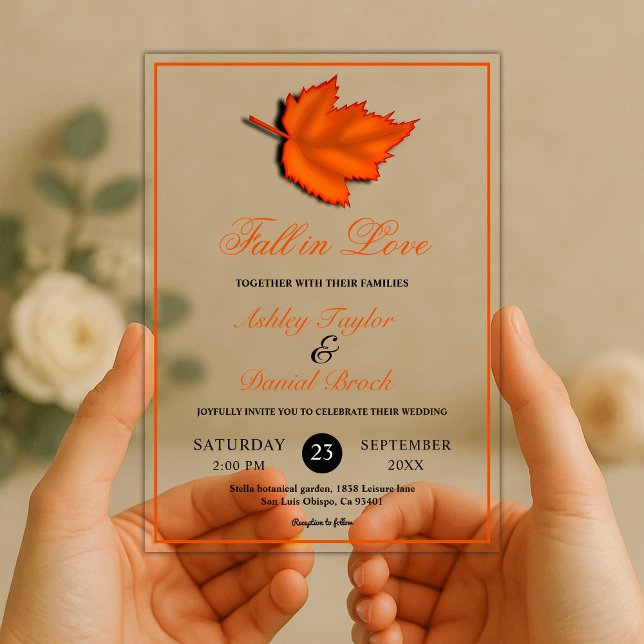 Elegant Rustic Autumn Leaves Orange Fall Wedding Acrylic Invitations (Creator Uploaded)