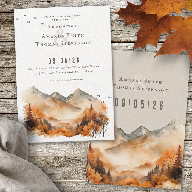 Elegant rustic autumn montain landscape wedding invitation (Creator Uploaded)