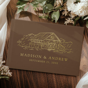 Elegant Rustic Barn Brown and Gold Photo Wedding Guest Book