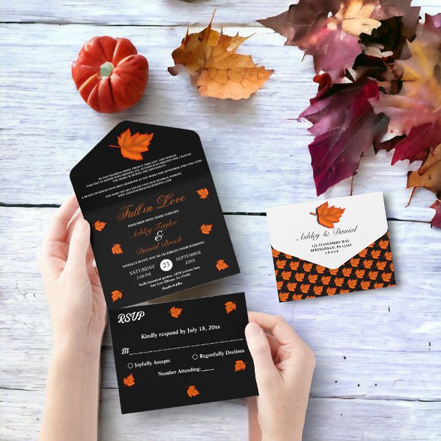 Elegant Rustic Black White Orange Fall Wedding All In One Invitation (Creator Uploaded)