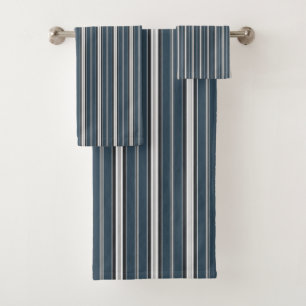Elegant Rustic Blue Grey French Ticking Stripe  Bath Towel Set
