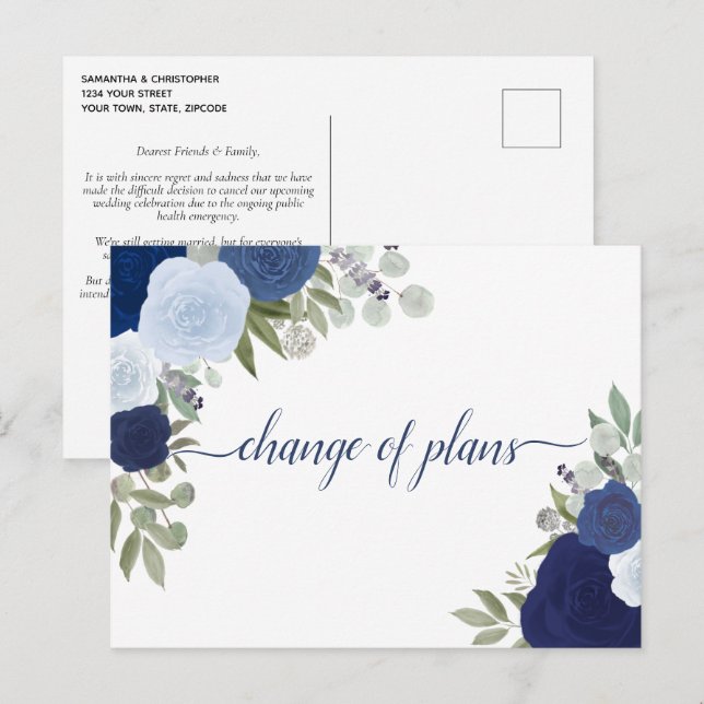 Elegant Rustic Blue Roses Change of Wedding Plans Announcement Postcard (Front/Back)