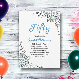 Elegant Rustic Blue Roses Floral 50th Birthday Invitation