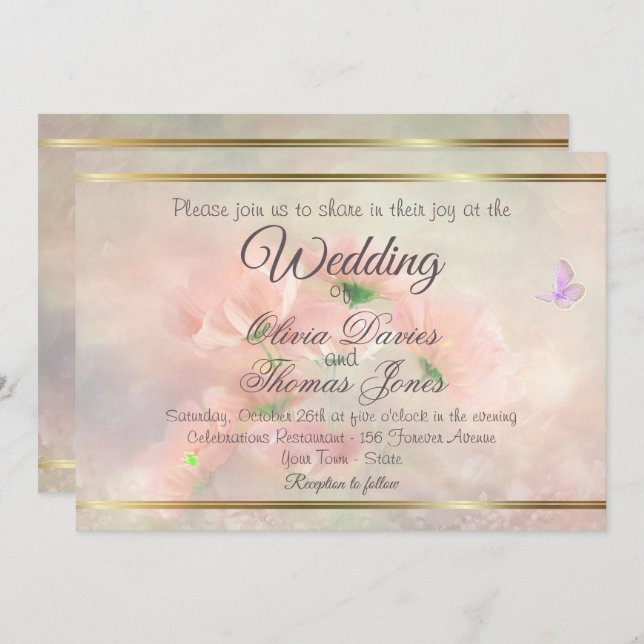 Elegant Rustic Blush Pink Floral Butterfly Wedding Invitation (Front/Back)