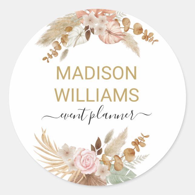 Elegant Rustic Boho Floral Professional Business M Classic Round Sticker (Front)
