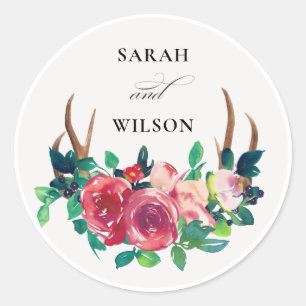 Elegant Rustic Boho Floral Stag Antlers Wedding Classic Round Sticker