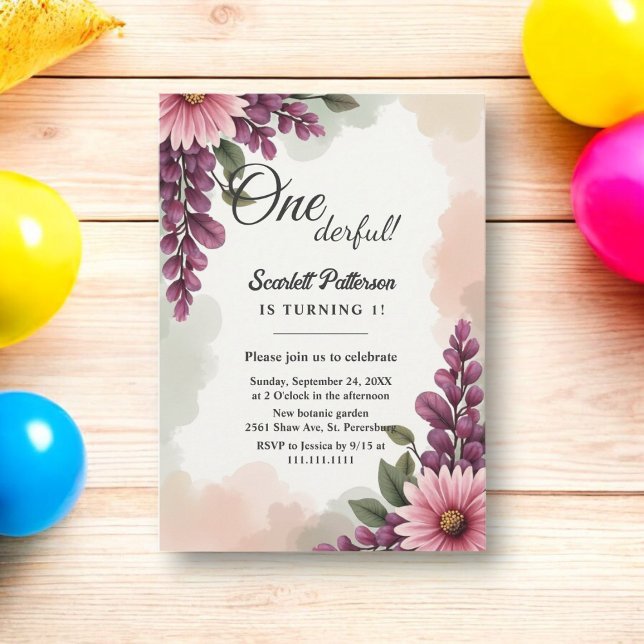 Elegant Rustic Boho Watercolor Floral 1st Birthday Invitation (Creator Uploaded)