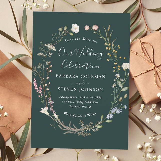 Elegant Rustic Boho Wildflower Dark Green Wedding Invitation (Creator Uploaded)
